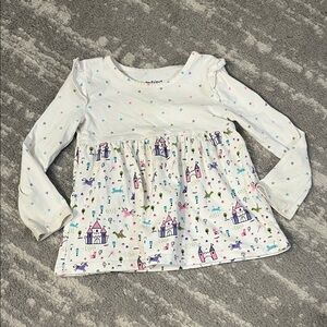 Jumping Beans White Long Sleeve Top with Castle and Unicorn Print